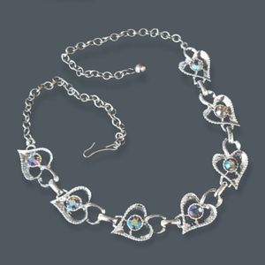 Vintage 1950s Rhinestone Heart Necklace Silver Tone